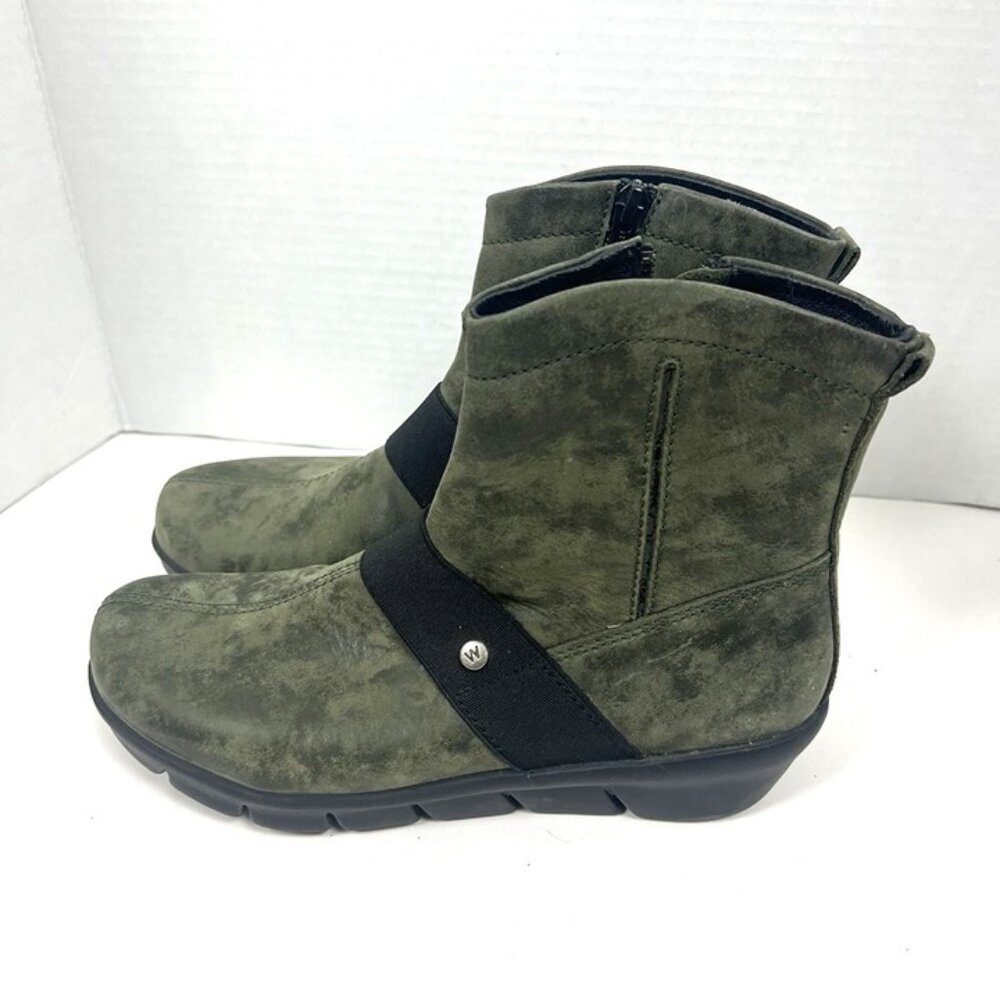 Wolky Women 38 US 7 Omni Casual Side Zip Wedge Ankle Bootie Green Leather Boot